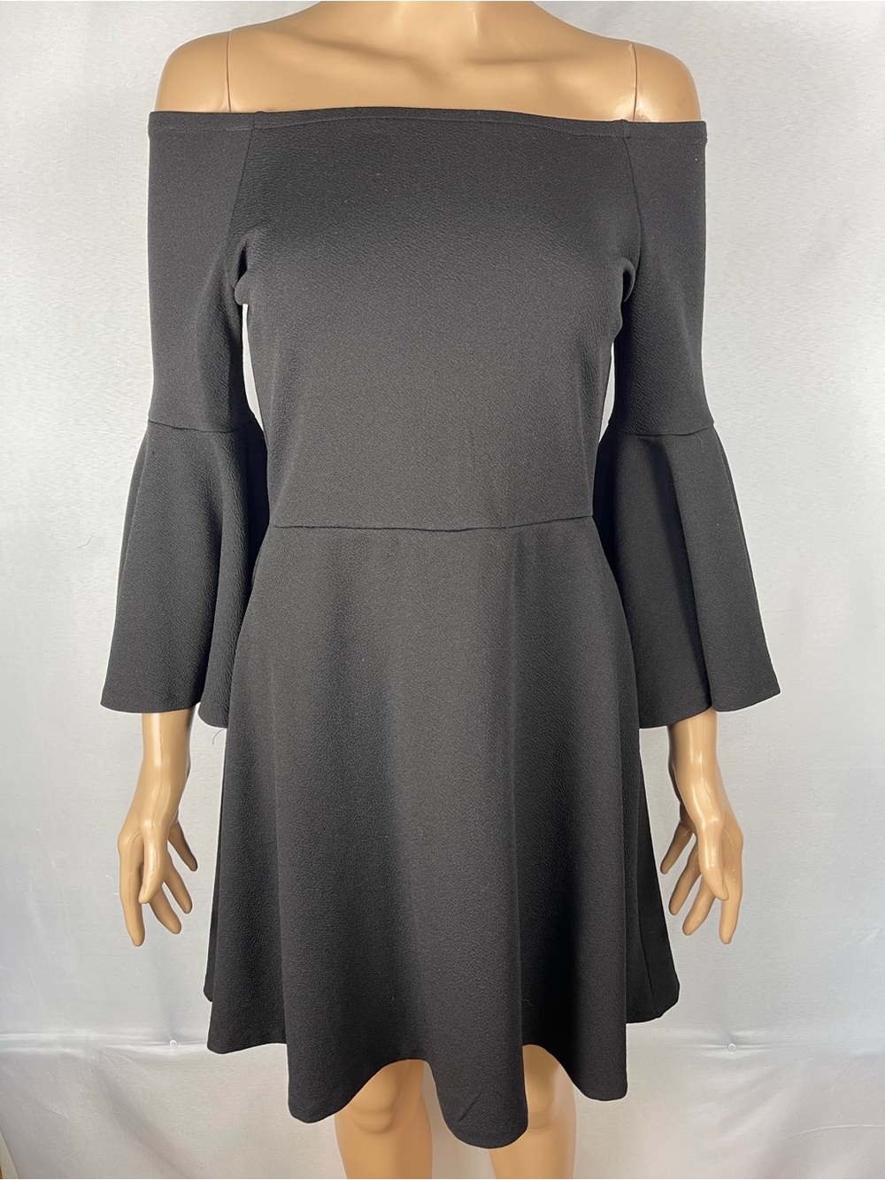 Design Lab Lord & Taylor Off-the-Shoulder Black Midi Dress with Bell Sleeves